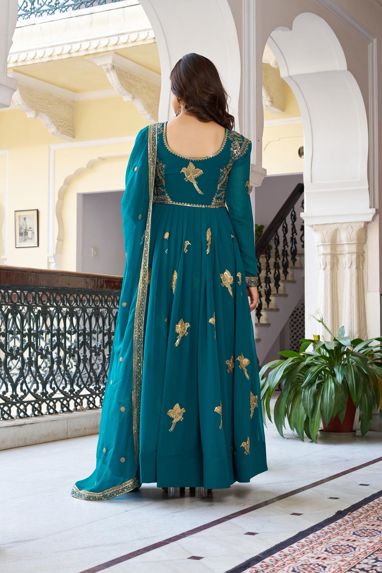 Modern Festive & wedding Wear Faux Georgette Thread & Sequence Work Gown With Dupatta