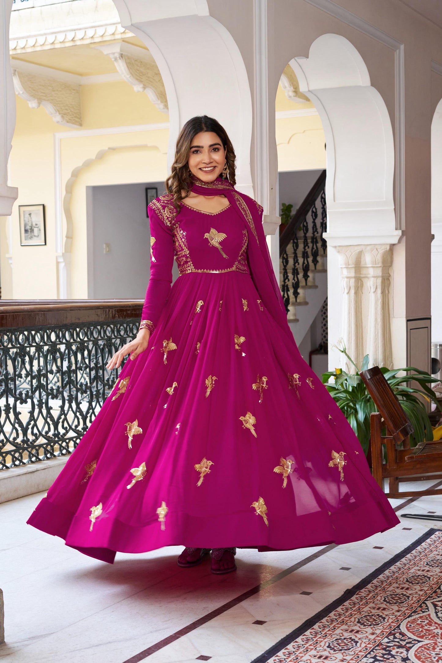 Modern Festive & wedding Wear Faux Georgette Thread & Sequence Work Gown With Dupatta