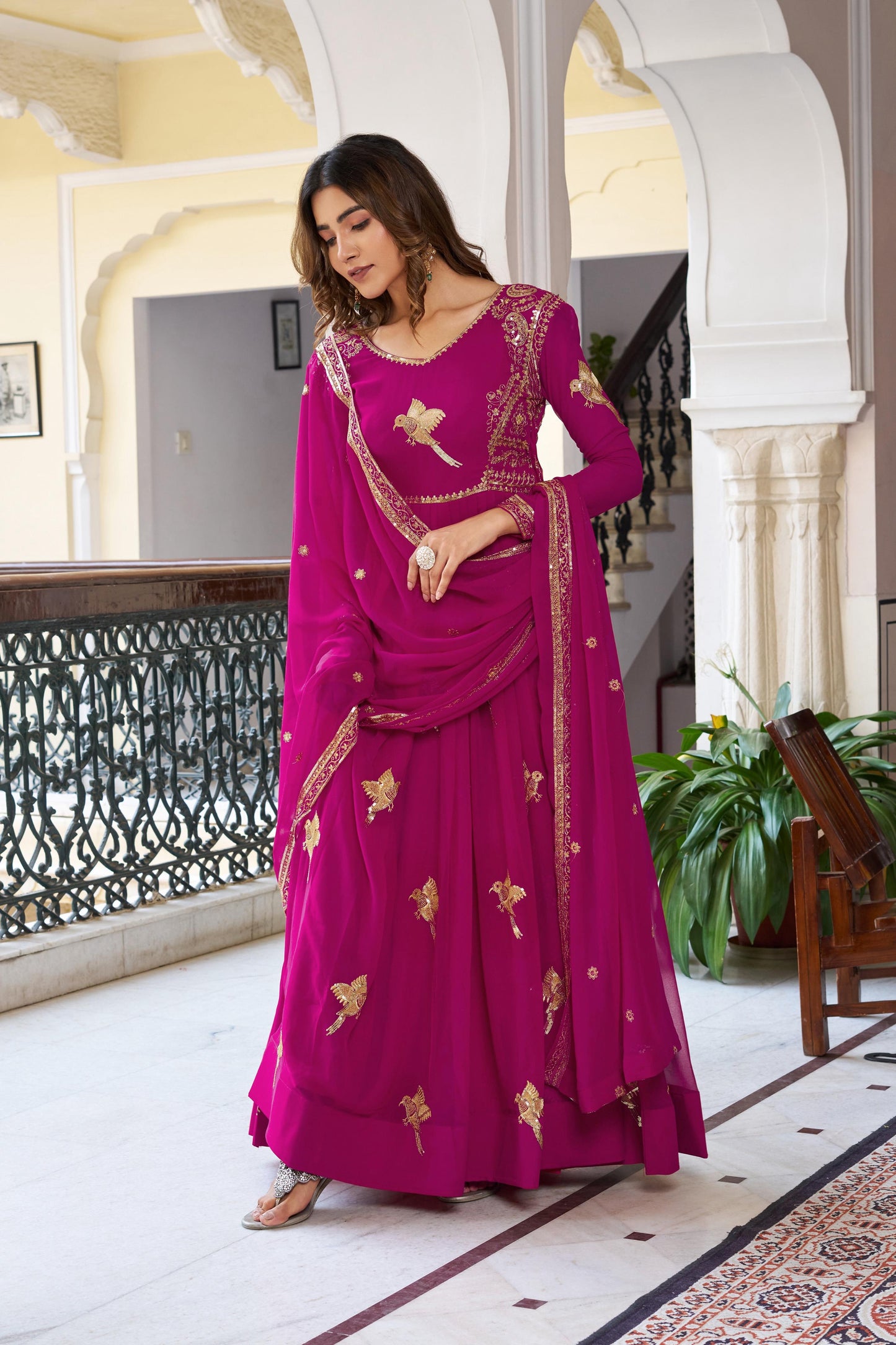 Modern Festive & wedding Wear Faux Georgette Thread & Sequence Work Gown With Dupatta