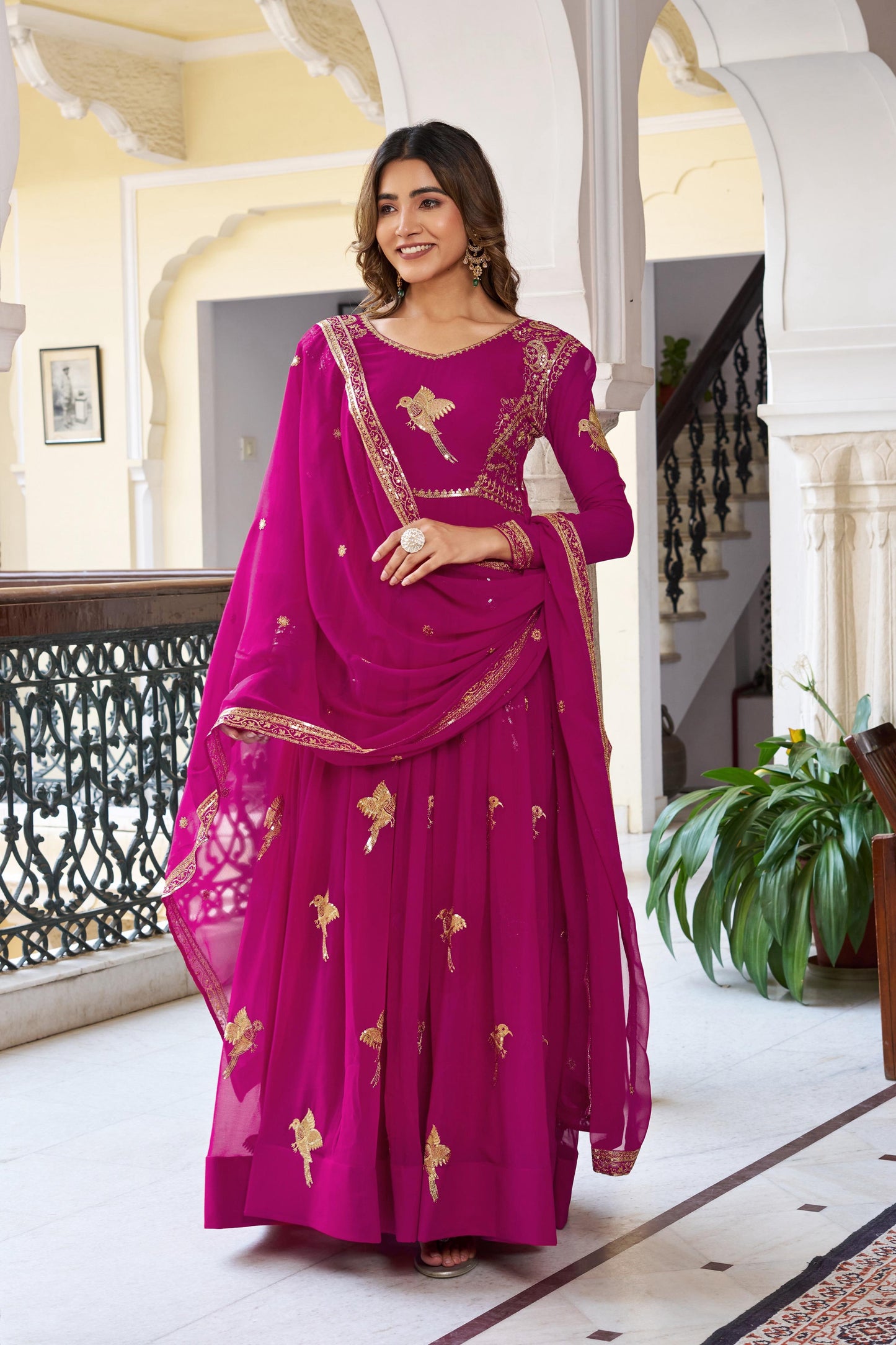 Modern Festive & wedding Wear Faux Georgette Thread & Sequence Work Gown With Dupatta