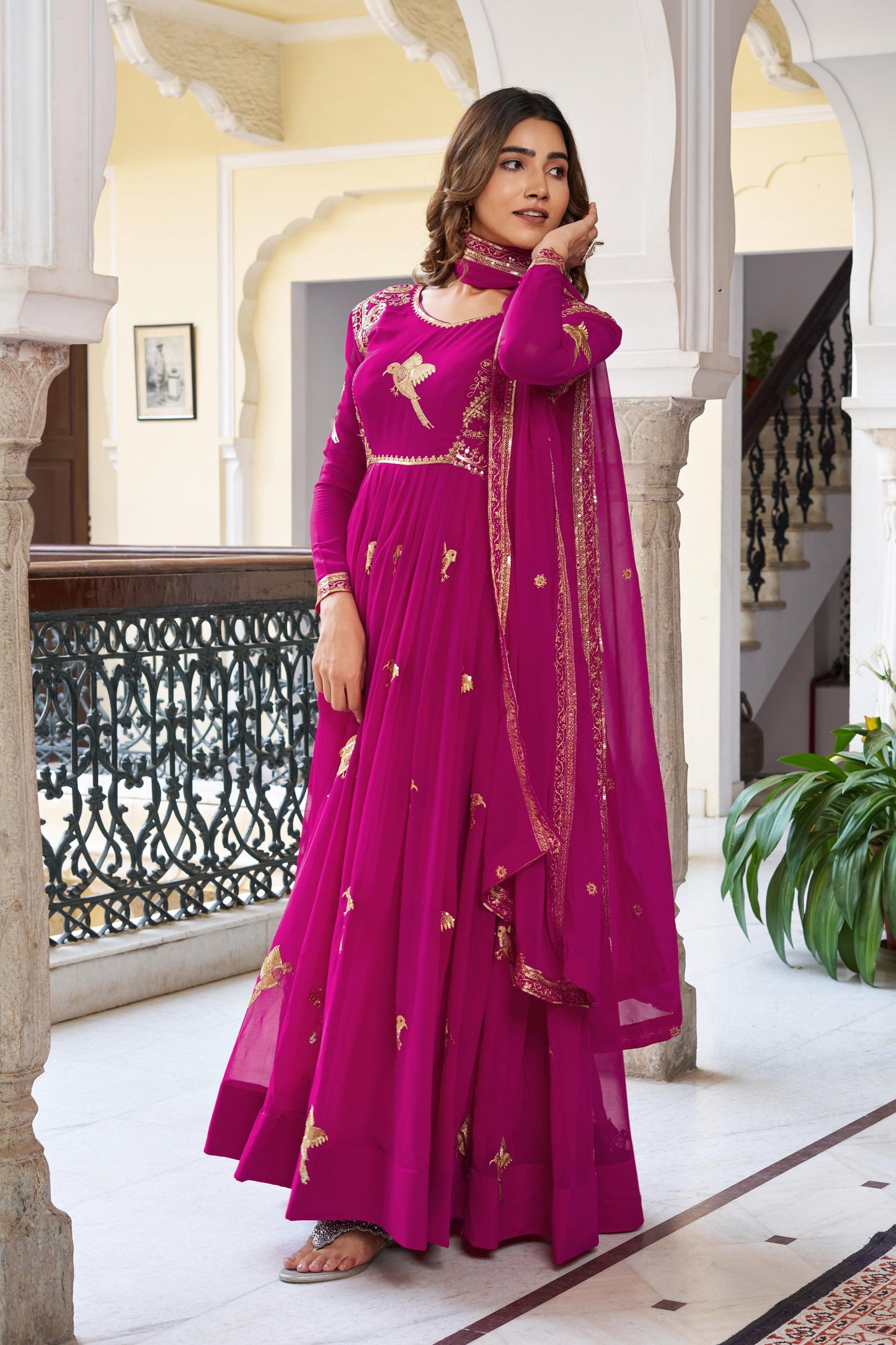 Modern Festive & wedding Wear Faux Georgette Thread & Sequence Work Gown With Dupatta