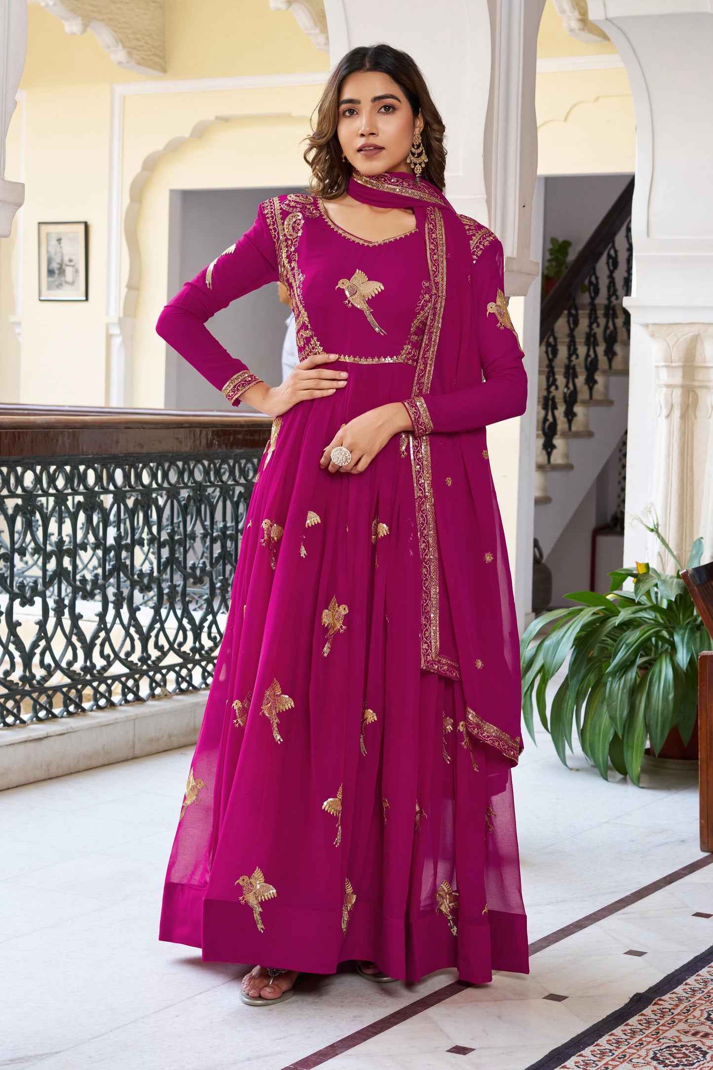 Modern Festive & wedding Wear Faux Georgette Thread & Sequence Work Gown With Dupatta