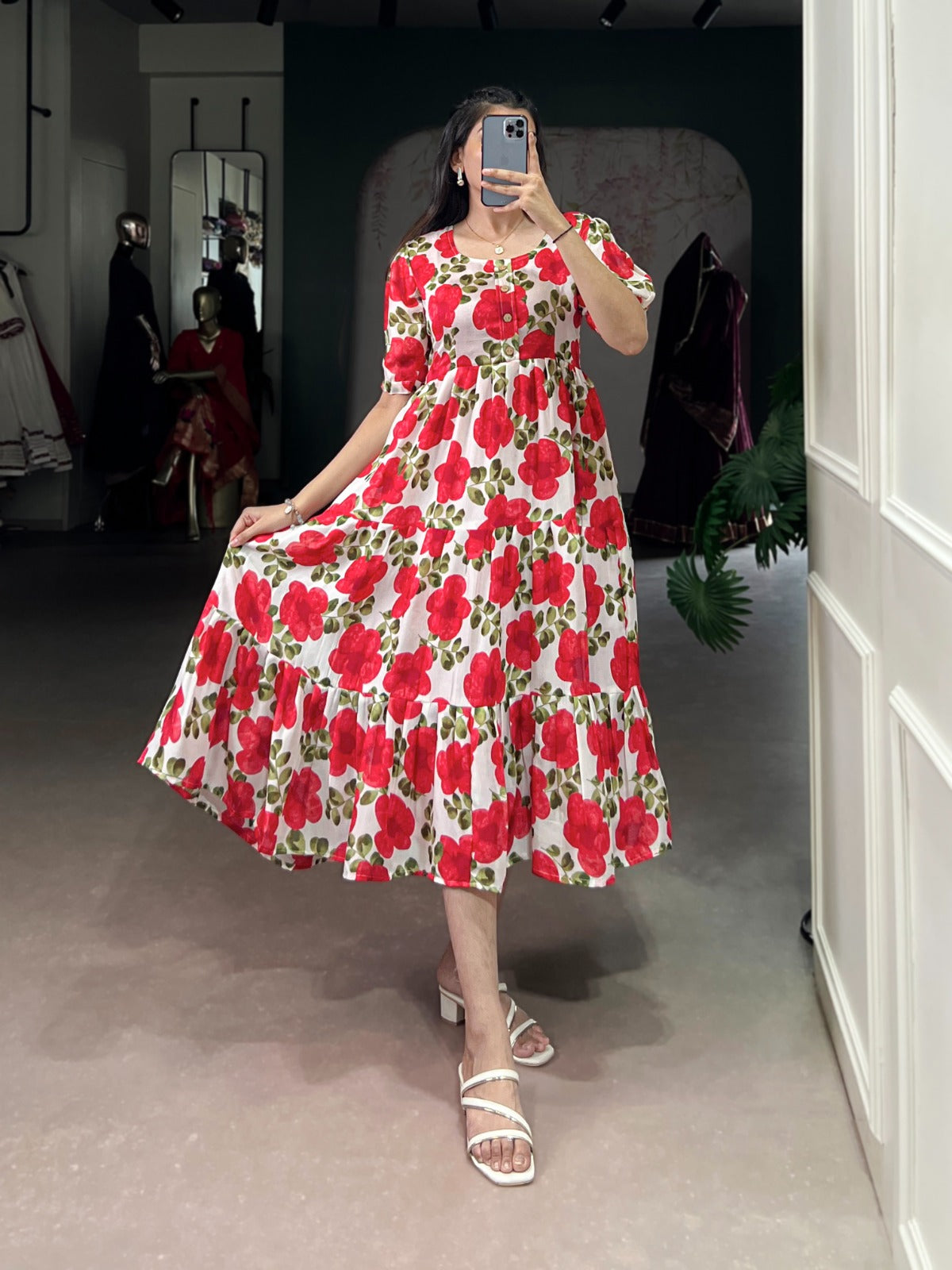 Rich Vichitra Silk Floral Print Dress