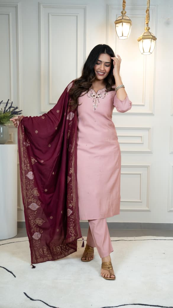 Premium Roman Silk Hand Work Light Pink Kurti Pant With Dupatta Set