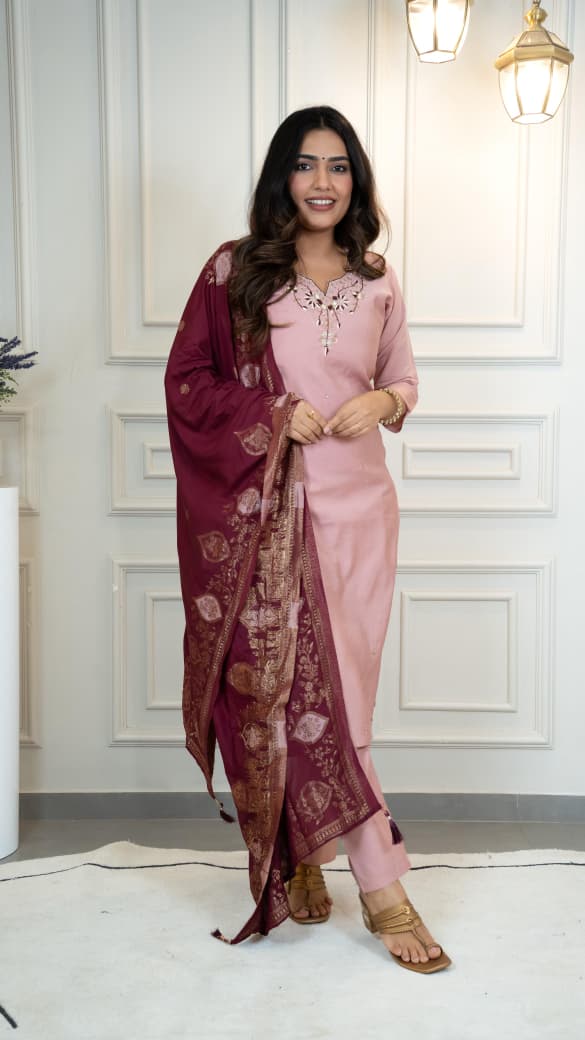 Premium Roman Silk Hand Work Light Pink Kurti Pant With Dupatta Set
