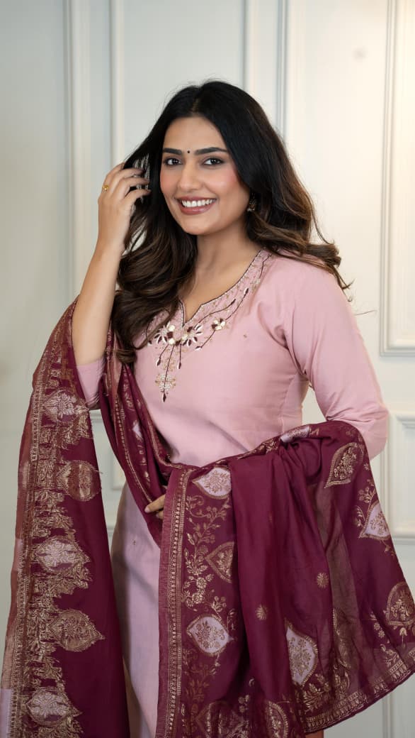 Premium Roman Silk Hand Work Light Pink Kurti Pant With Dupatta Set