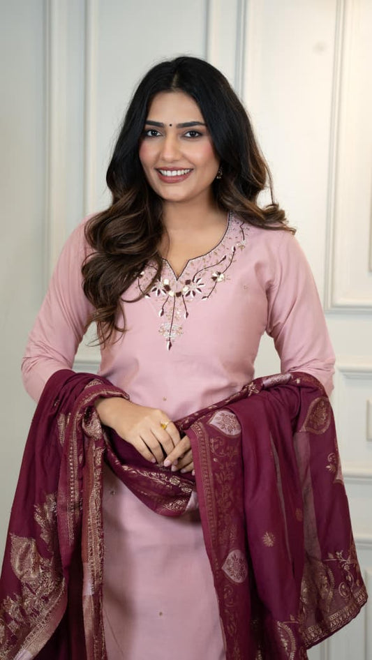 Premium Roman Silk Hand Work Light Pink Kurti Pant With Dupatta Set