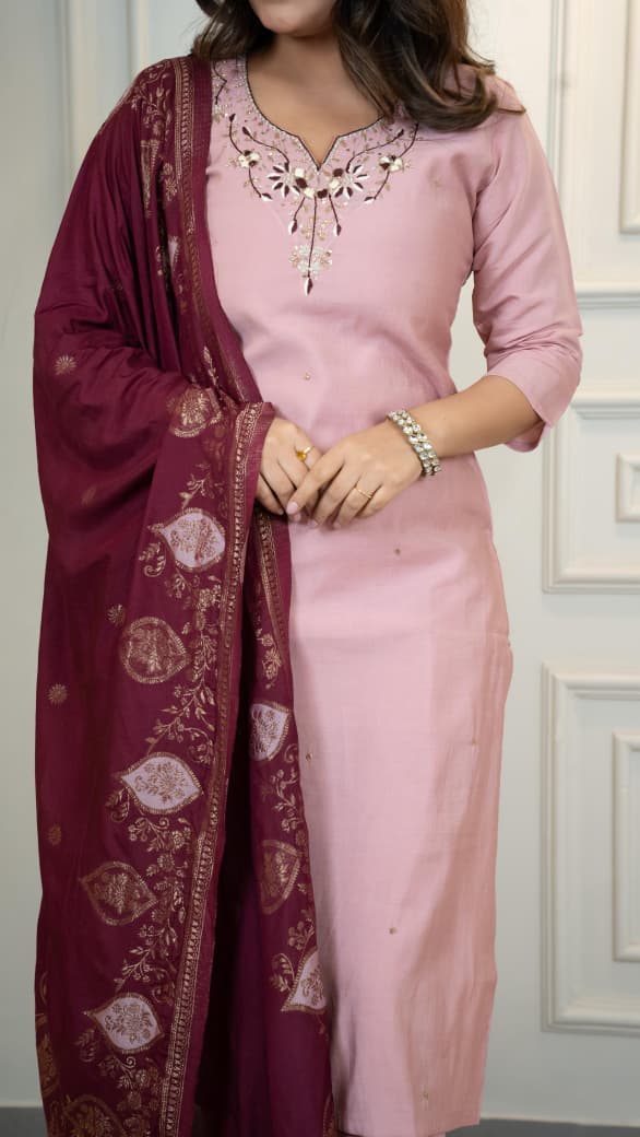 Premium Roman Silk Hand Work Light Pink Kurti Pant With Dupatta Set