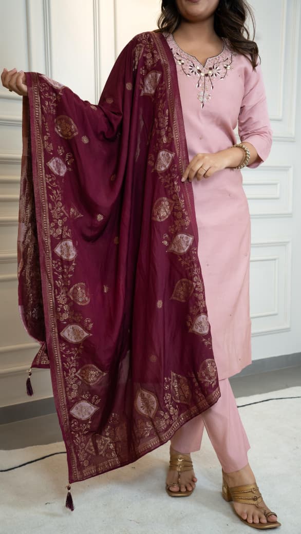 Premium Roman Silk Hand Work Light Pink Kurti Pant With Dupatta Set