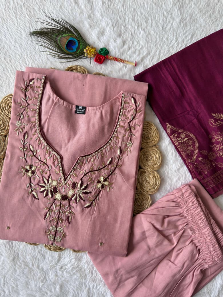 Premium Roman Silk Hand Work Light Pink Kurti Pant With Dupatta Set