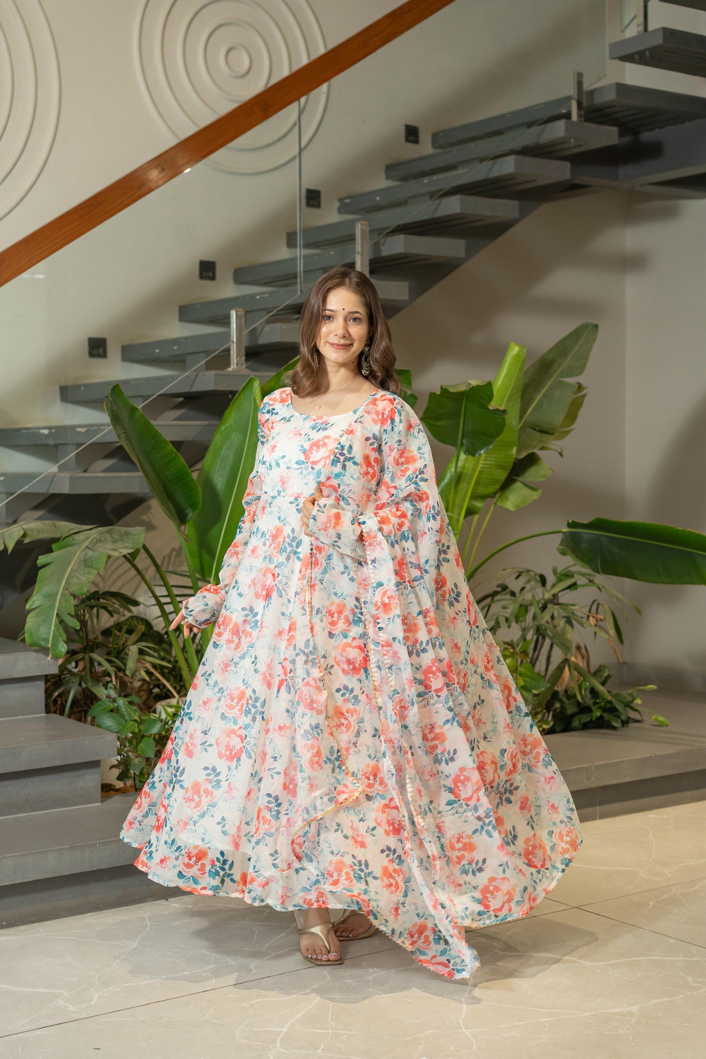 Pure Soft Lightweight Organza Floral Print Umbrella Gown Style Suit Set