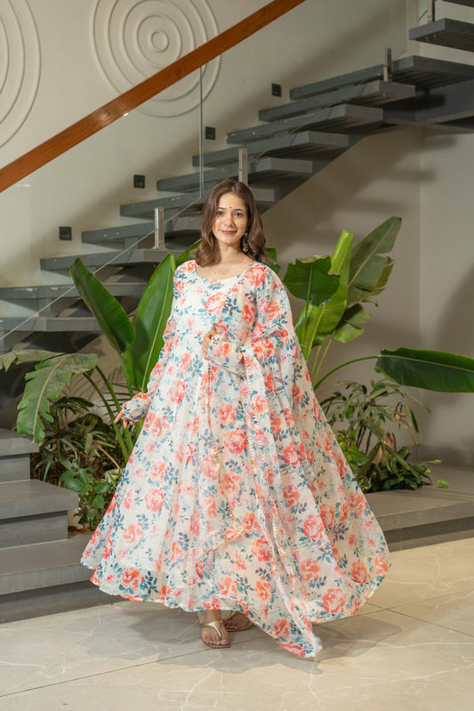 Pure Soft Lightweight Organza Floral Print Umbrella Gown Style Suit Set