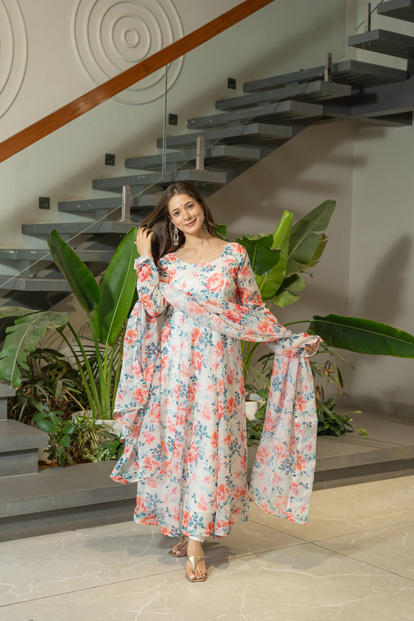 Pure Soft Lightweight Organza Floral Print Umbrella Gown Style Suit Set