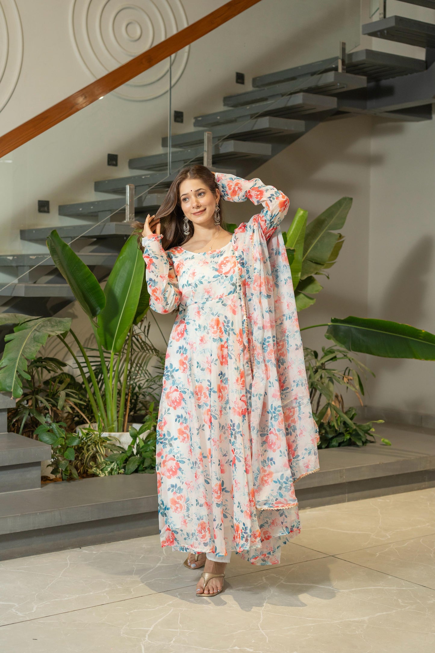 Pure Soft Lightweight Organza Floral Print Umbrella Gown Style Suit Set
