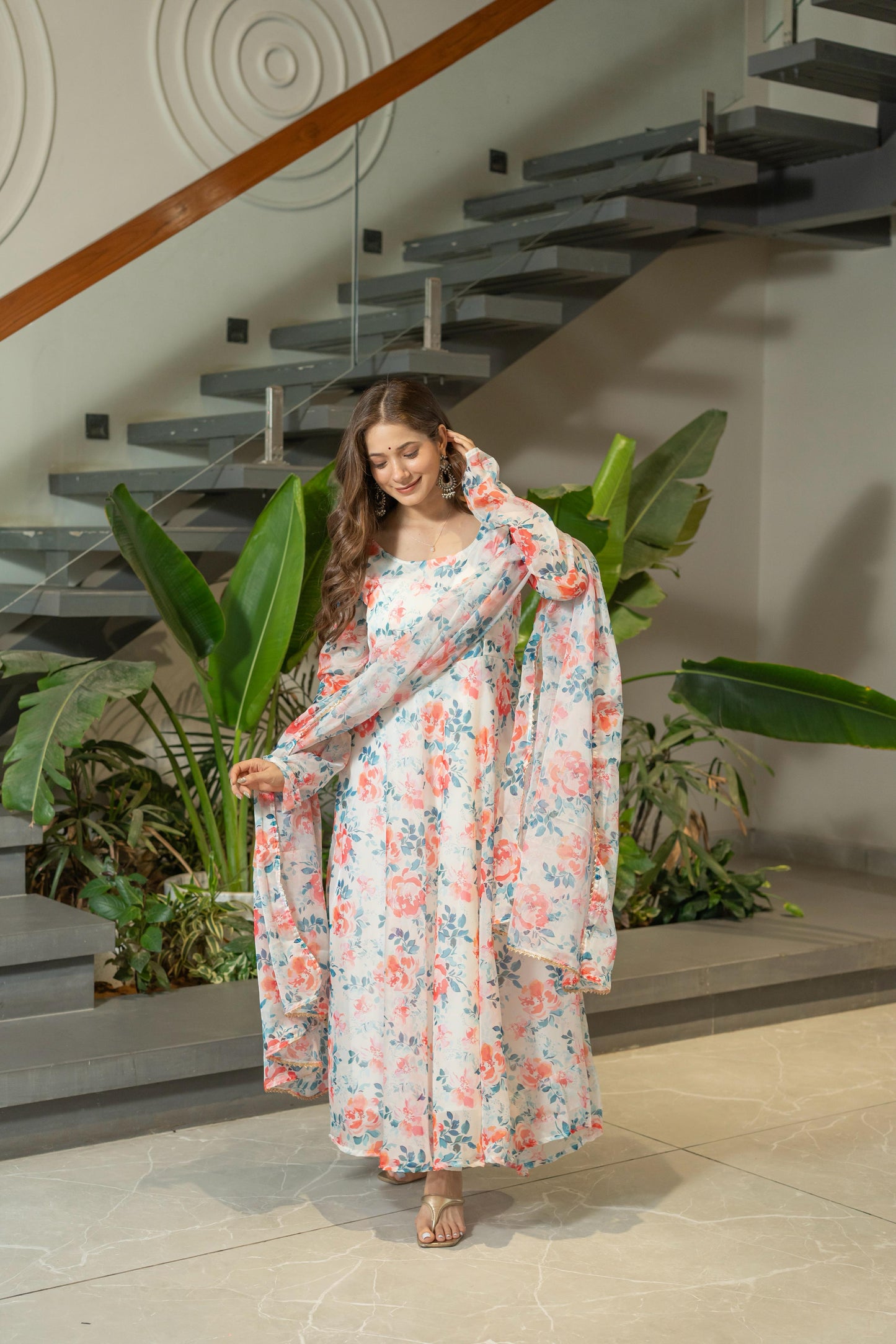 Pure Soft Lightweight Organza Floral Print Umbrella Gown Style Suit Set