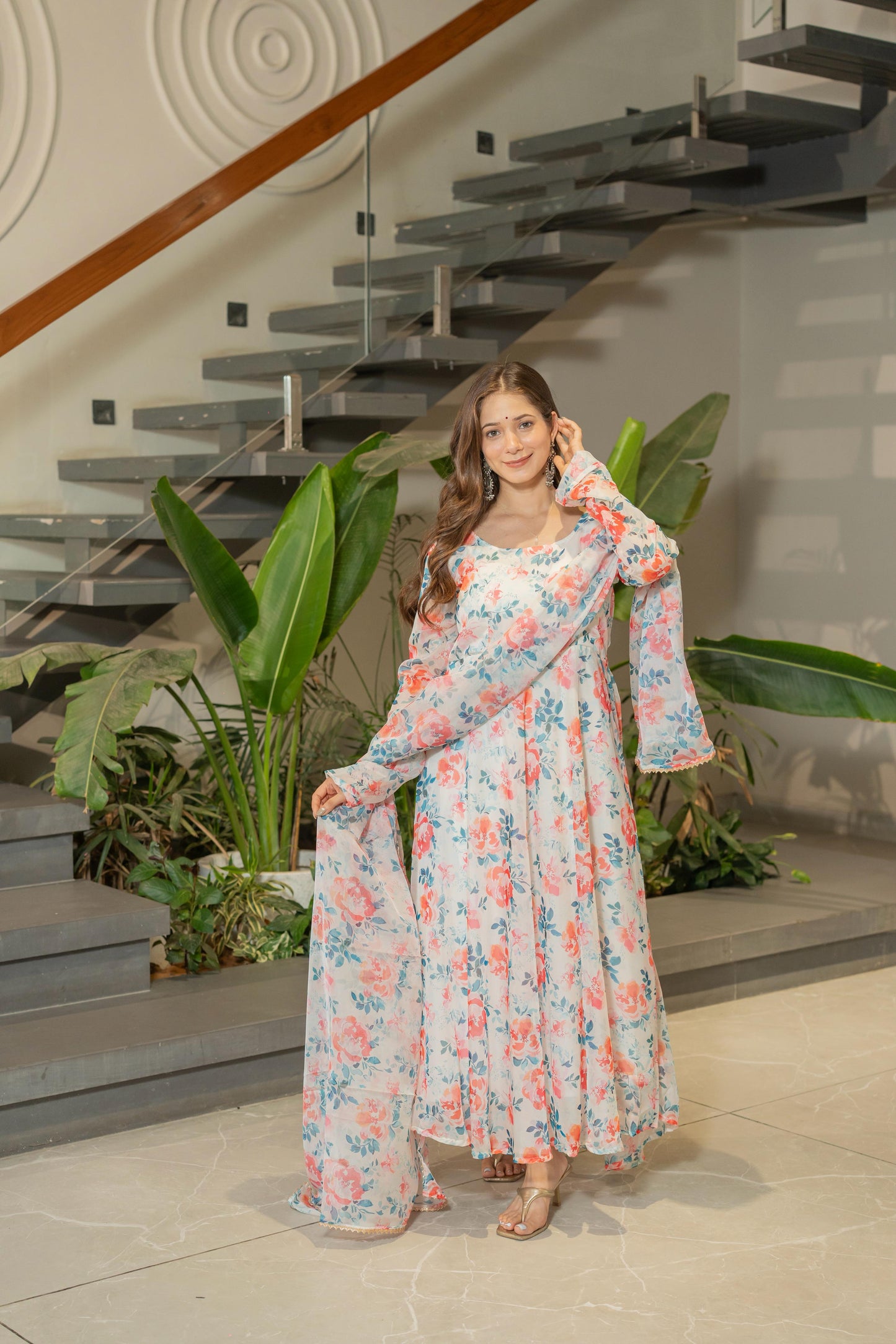 Pure Soft Lightweight Organza Floral Print Umbrella Gown Style Suit Set
