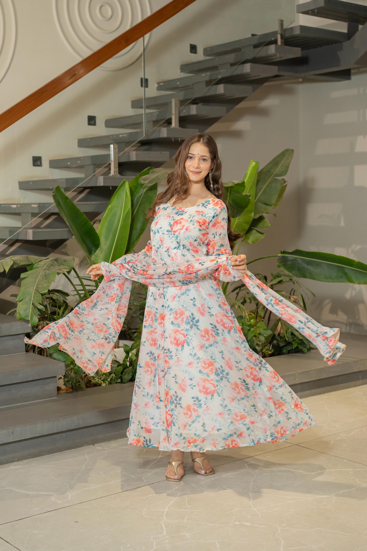 Pure Soft Lightweight Organza Floral Print Umbrella Gown Style Suit Set
