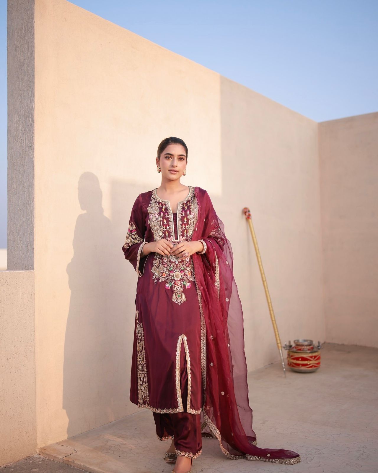 Designer Party & Festival Look Pure Natural Satin Silk Fancy Top & Palazzo With Dupatta