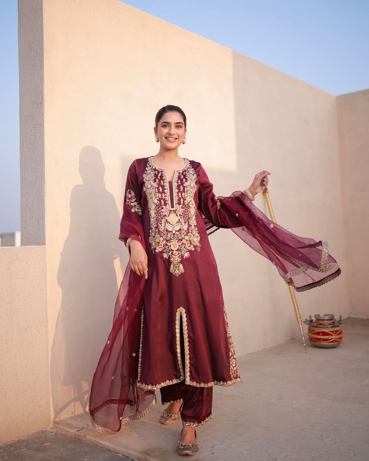 Designer Party & Festival Look Pure Natural Satin Silk Fancy Top & Palazzo With Dupatta