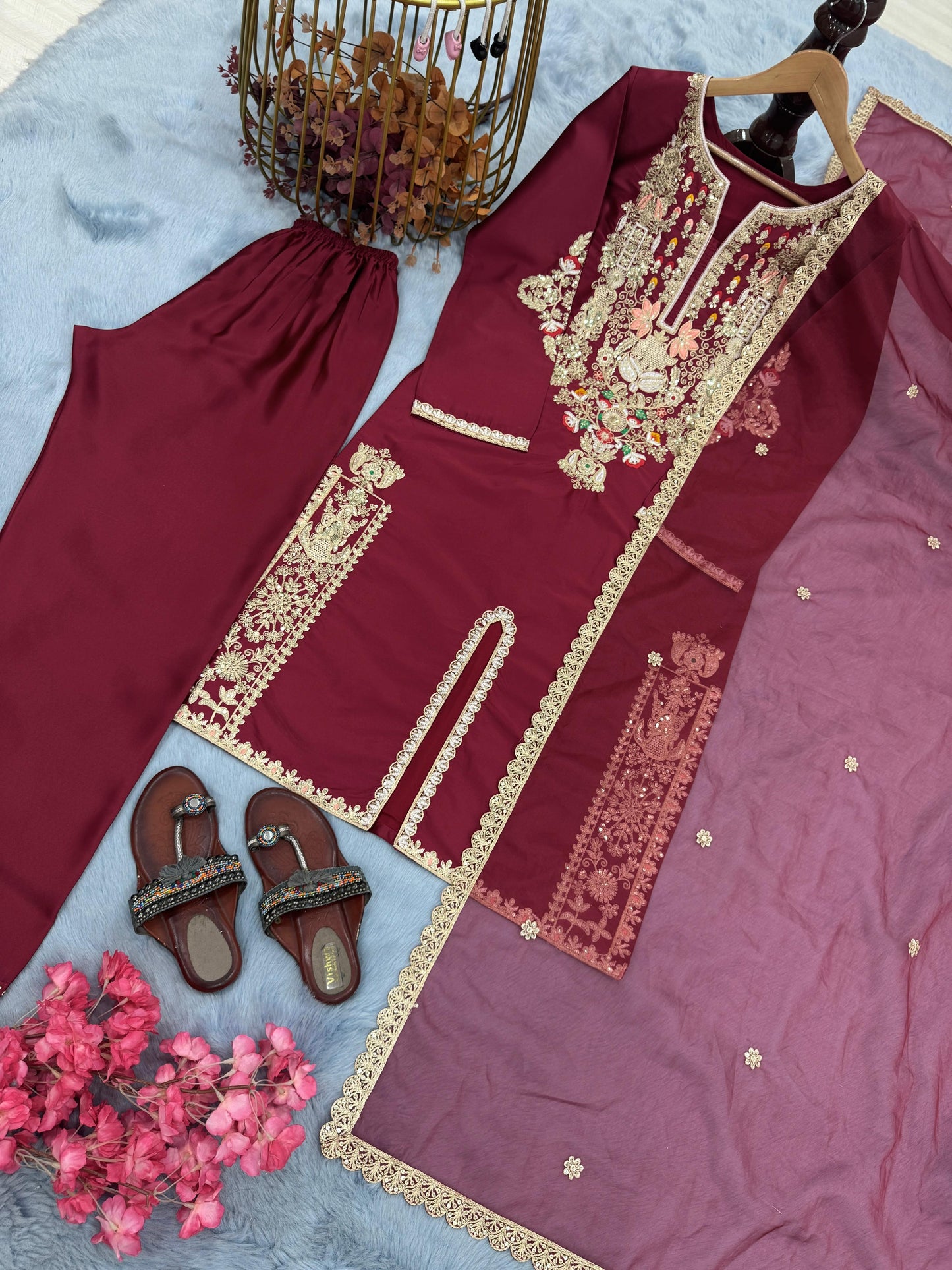 Designer Party & Festival Look Pure Natural Satin Silk Fancy Top & Palazzo With Dupatta