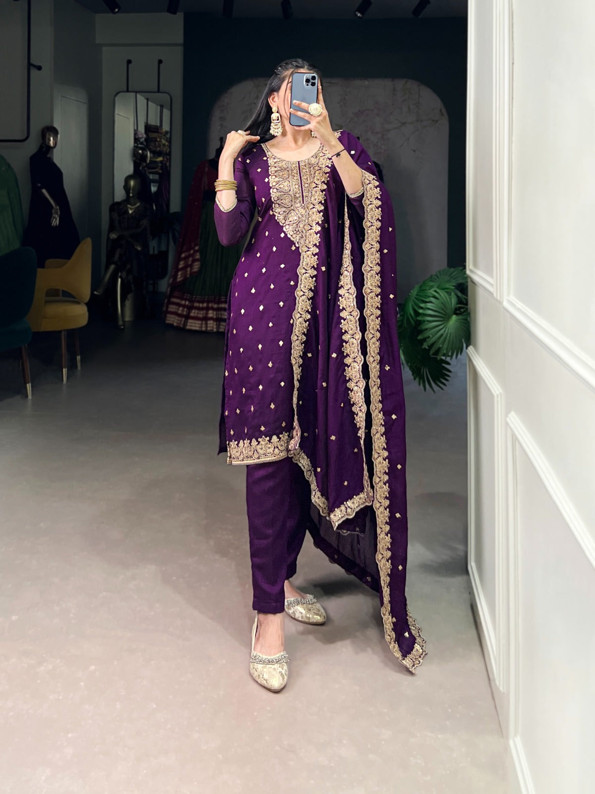 Rich Vichitra Silk Ethnic Dress With Sequins & Thread Embroidery Work