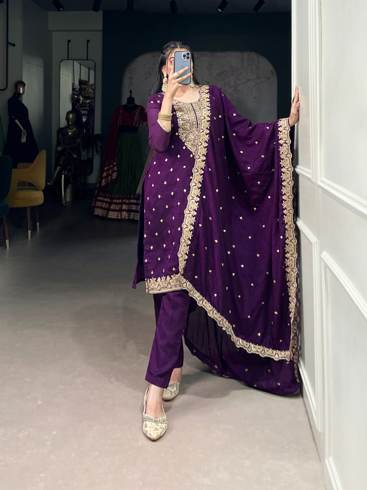 Rich Vichitra Silk Ethnic Dress With Sequins & Thread Embroidery Work