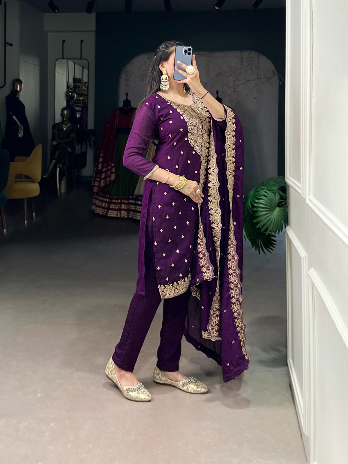 Rich Vichitra Silk Ethnic Dress With Sequins & Thread Embroidery Work