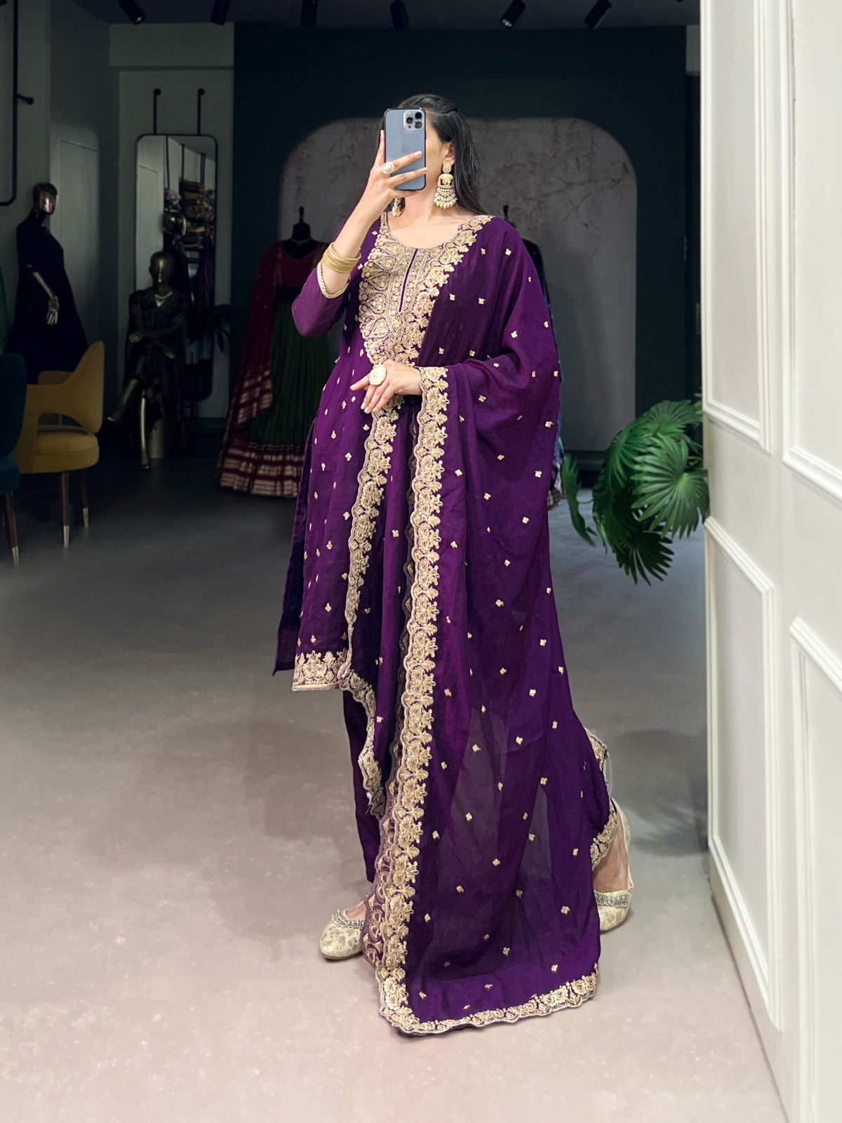 Rich Vichitra Silk Ethnic Dress With Sequins & Thread Embroidery Work
