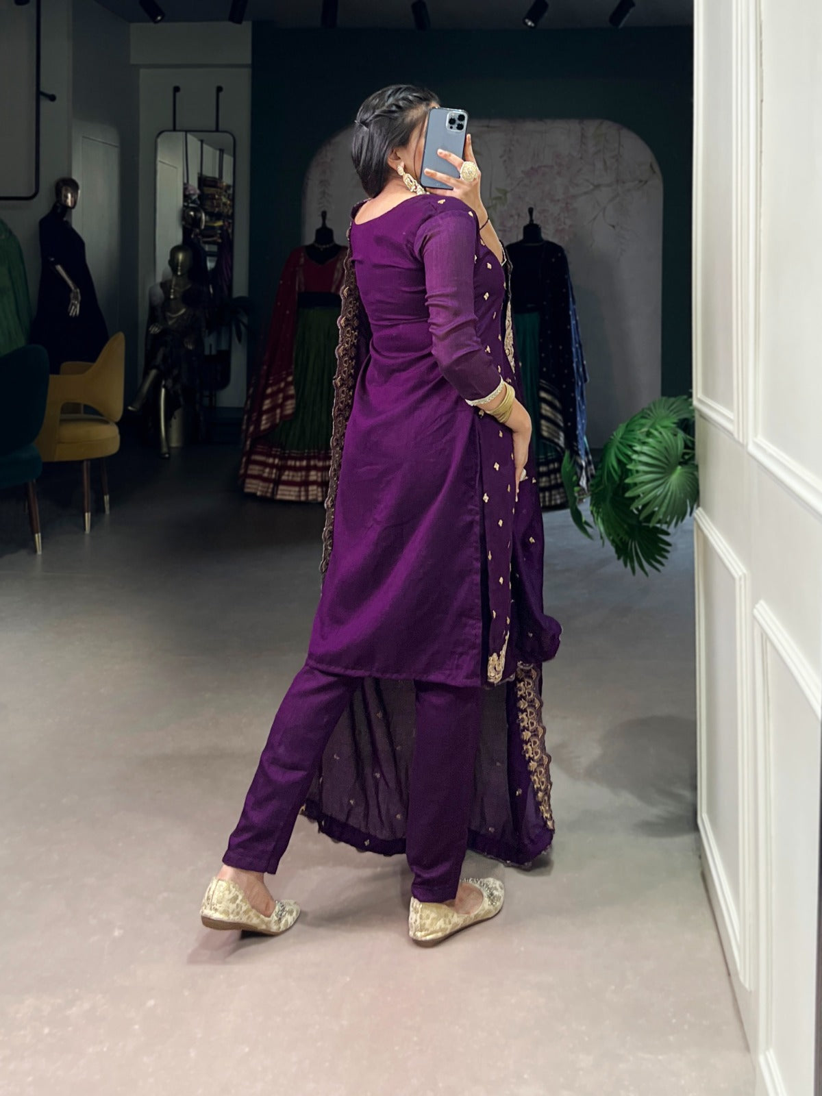 Rich Vichitra Silk Ethnic Dress With Sequins & Thread Embroidery Work