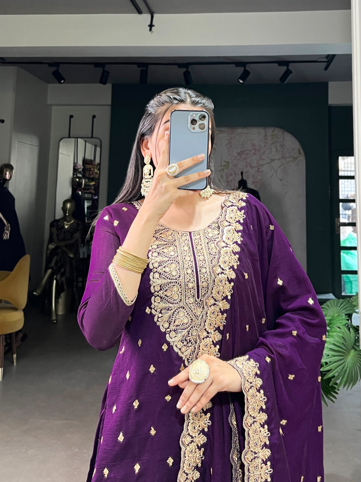 Rich Vichitra Silk Ethnic Dress With Sequins & Thread Embroidery Work