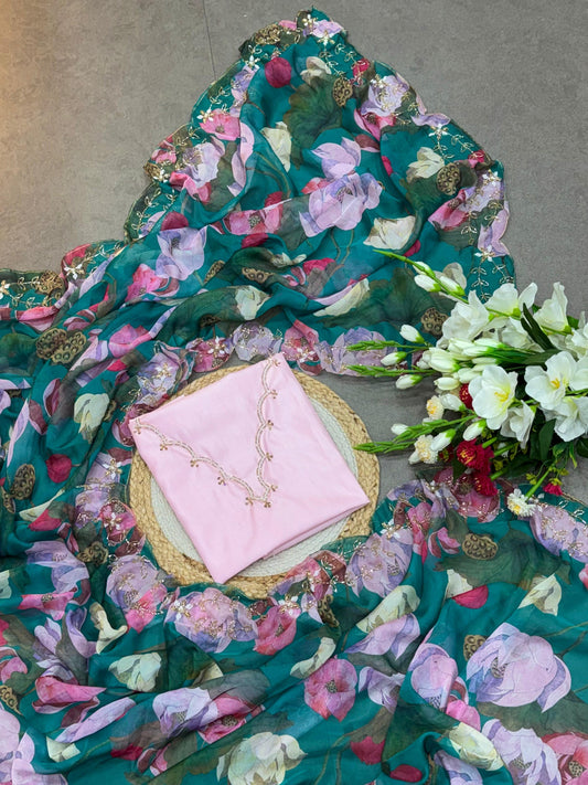 Stylish Pure Soft Tabi Organza Saree With Print & Cut Dana Handwork