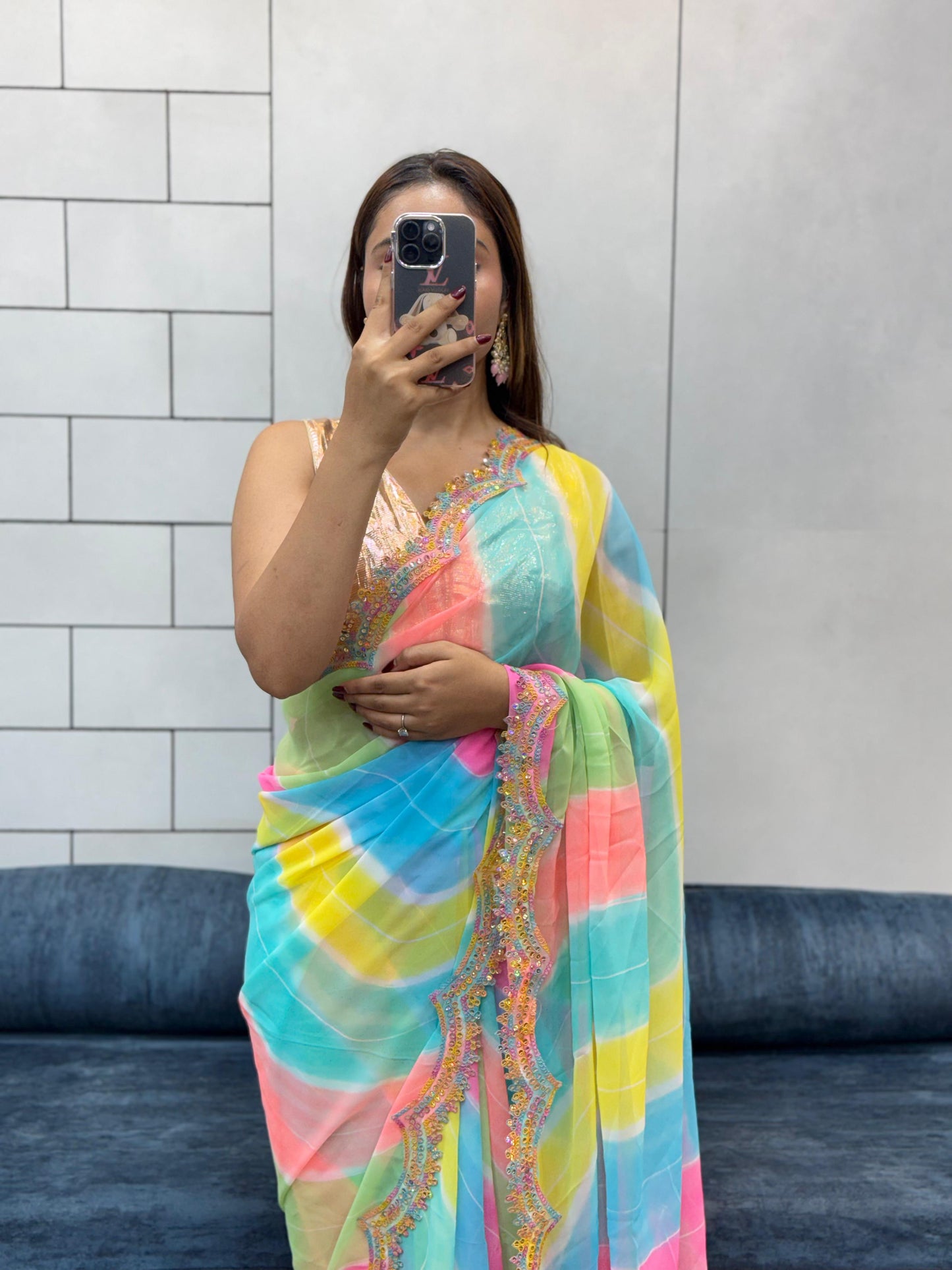 Celebrity Style Soft Faux Georgette Print Saree With Coding Sequence Rainbow Lace Work