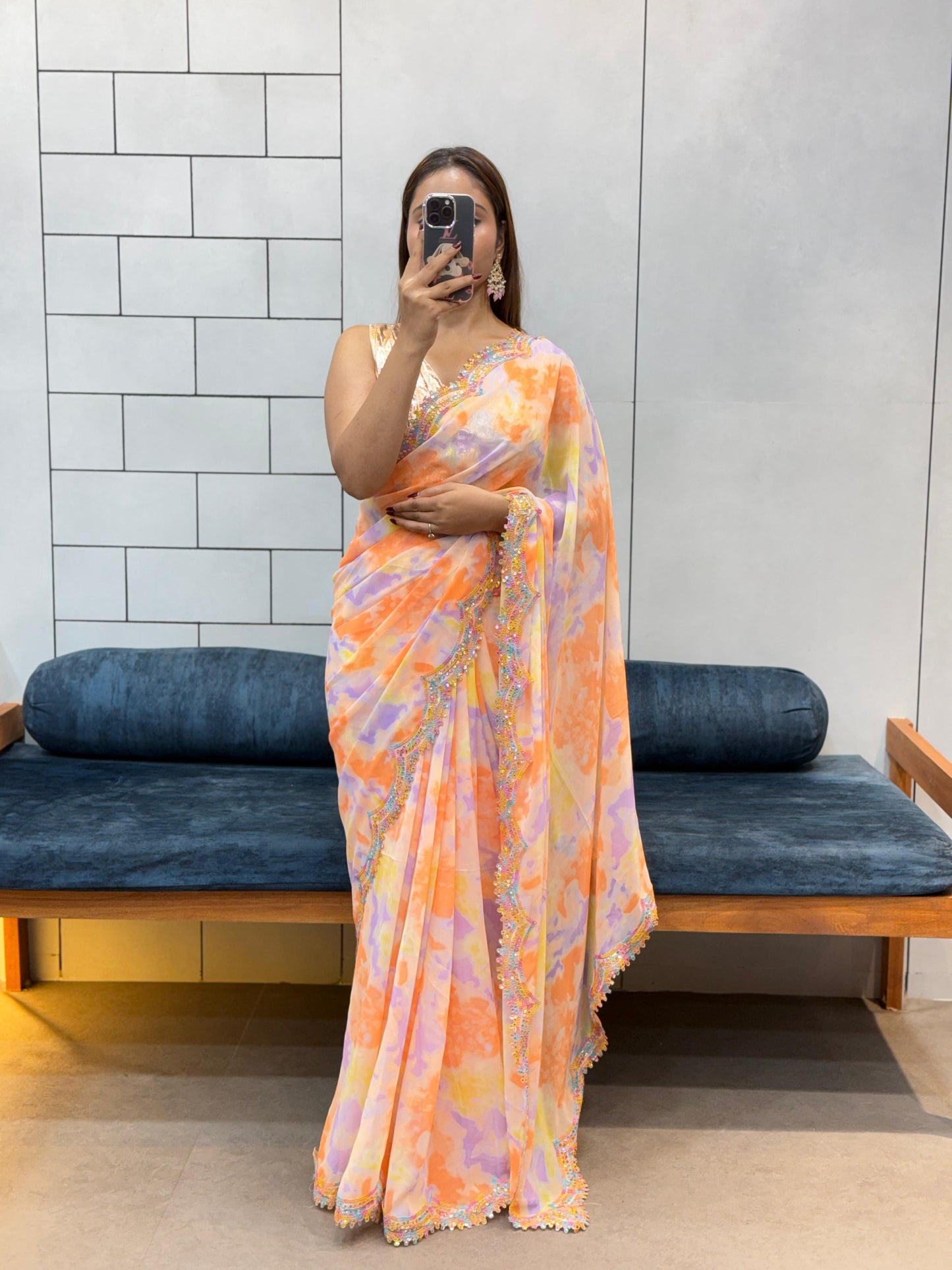 Celebrity Style Soft Faux Georgette Print Saree With Coding Sequence Rainbow Lace Work