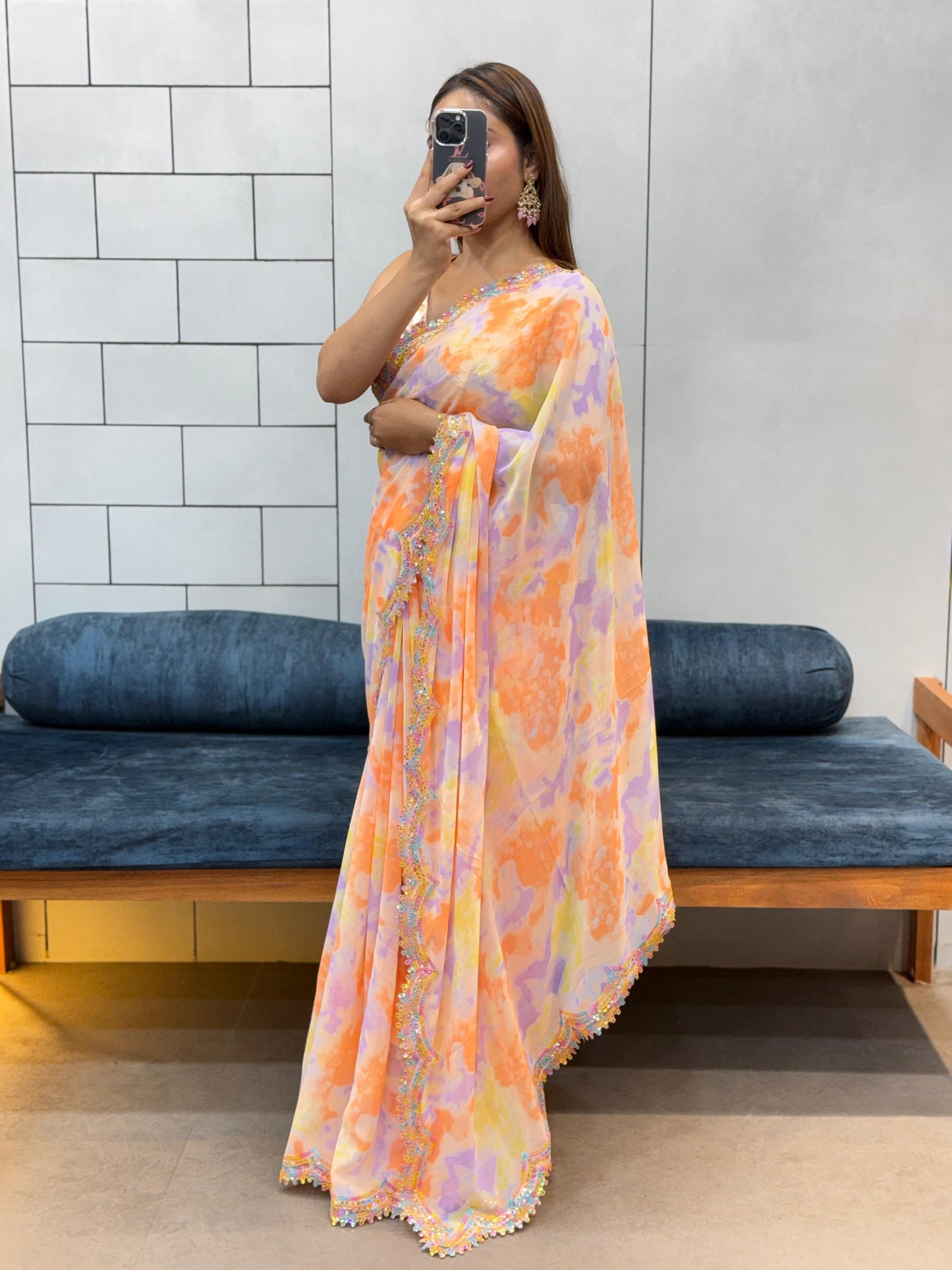 Celebrity Style Soft Faux Georgette Print Saree With Coding Sequence Rainbow Lace Work