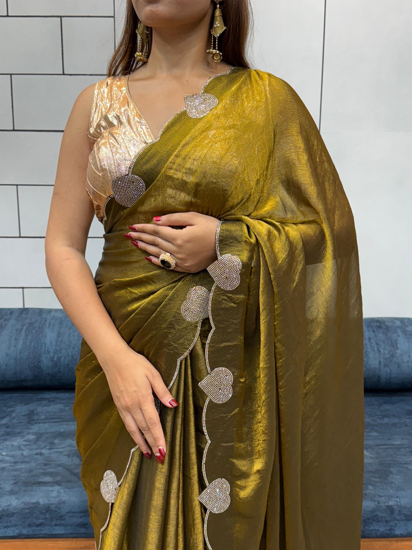 Celebrity Style Soft Space Silk Saree With Heart Diamond Cutwork Lace Border