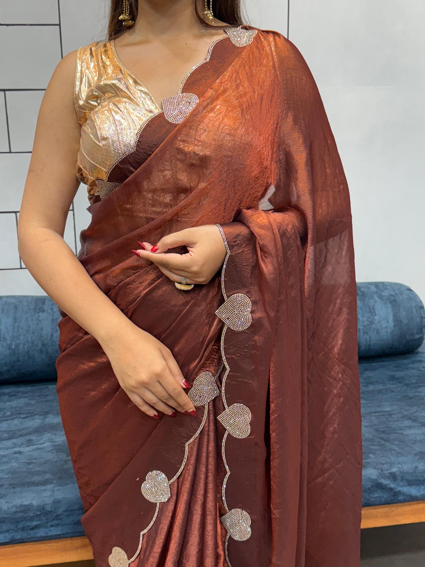Celebrity Style Soft Space Silk Saree With Heart Diamond Cutwork Lace Border