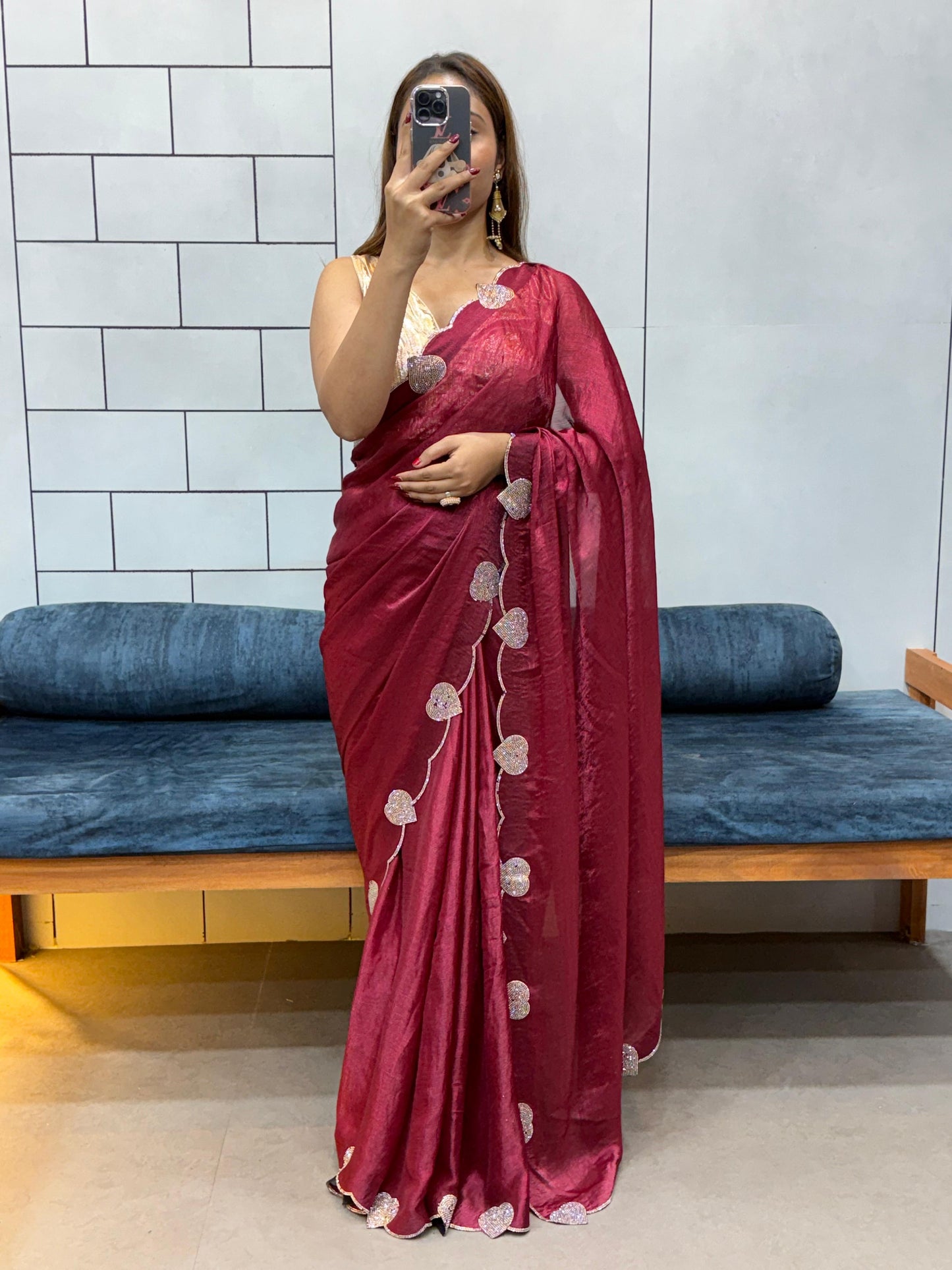 Celebrity Style Soft Space Silk Saree With Heart Diamond Cutwork Lace Border