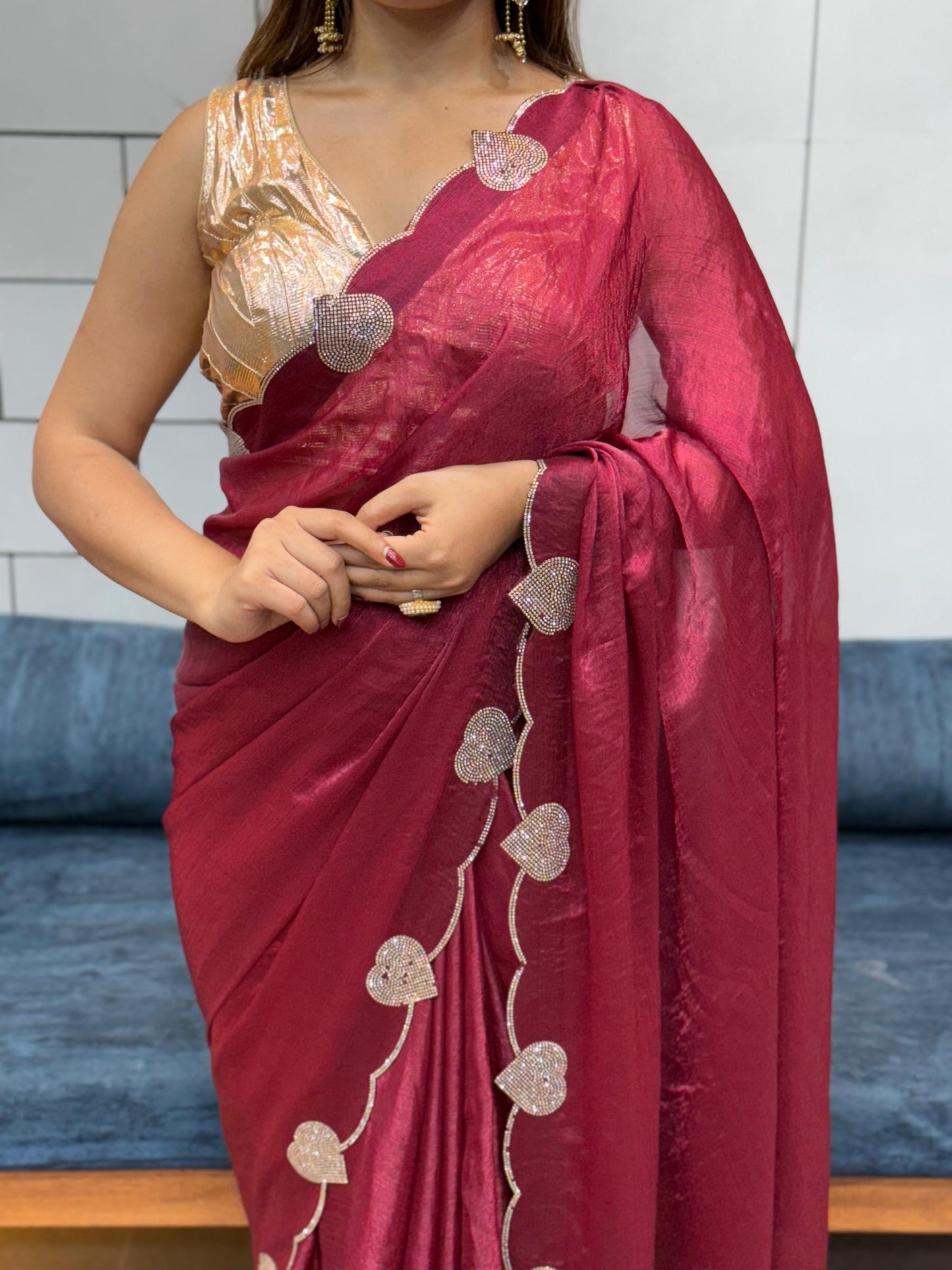 Celebrity Style Soft Space Silk Saree With Heart Diamond Cutwork Lace Border