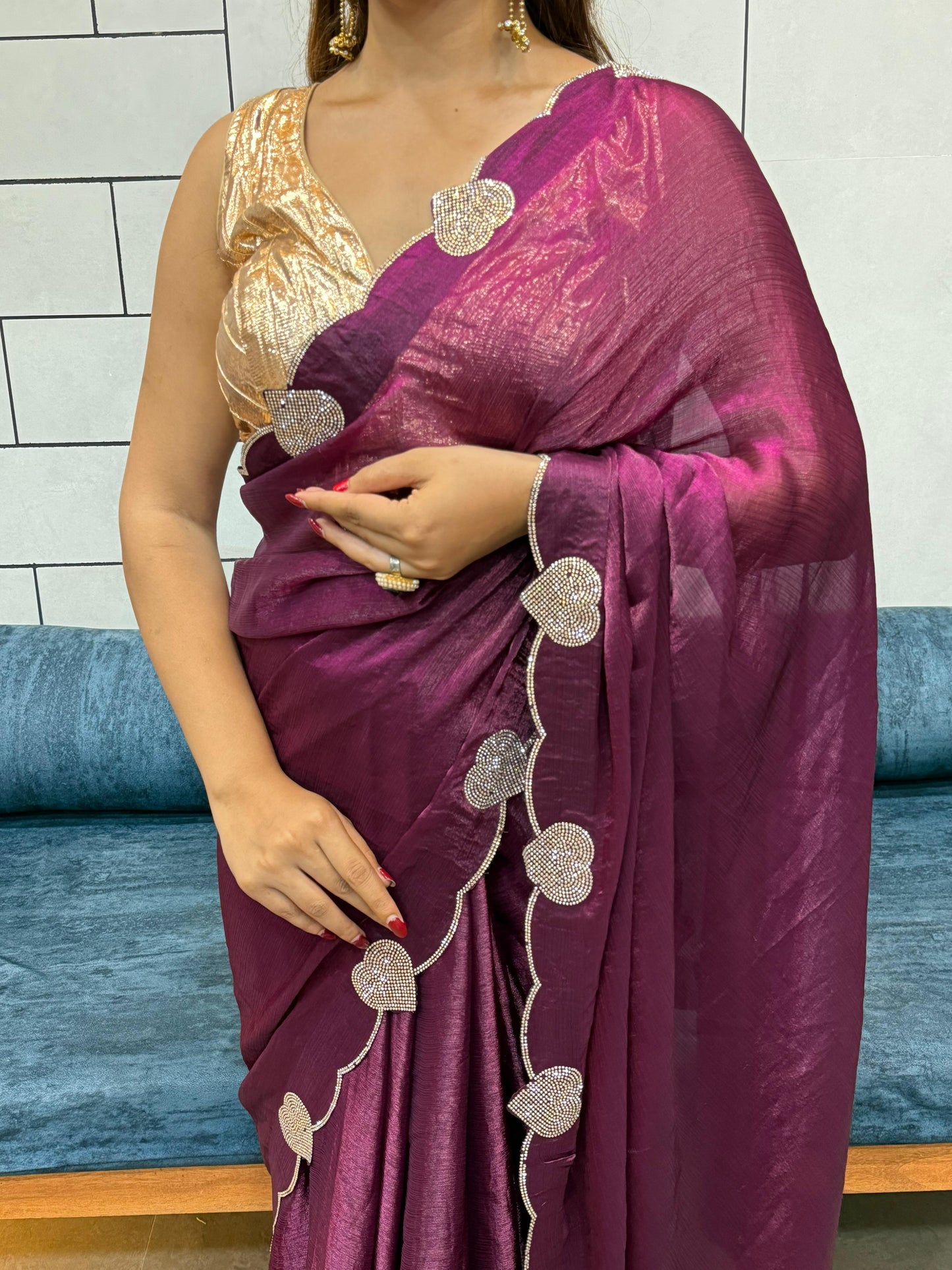 Celebrity Style Soft Space Silk Saree With Heart Diamond Cutwork Lace Border