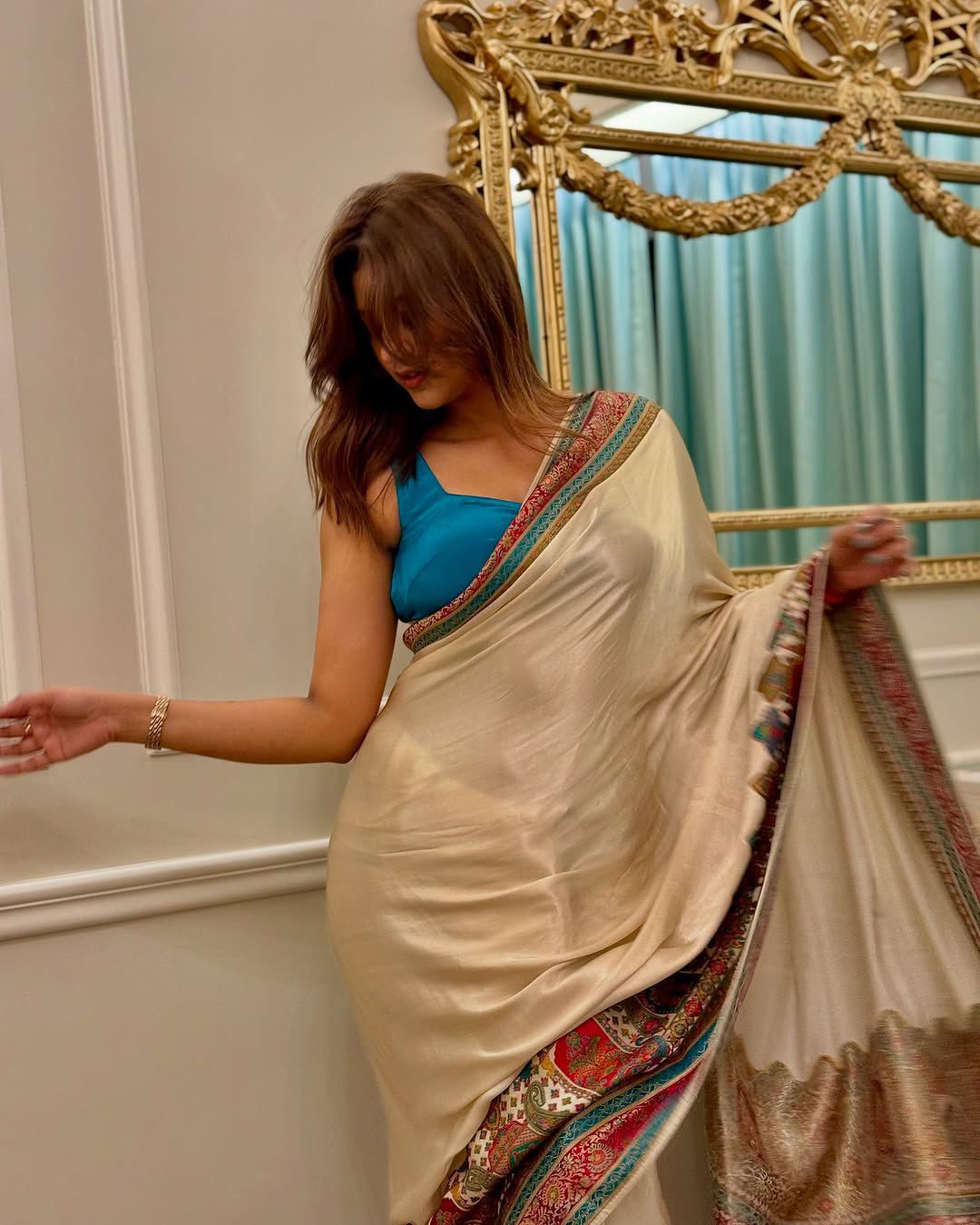 Celebrity Super Rich Pure Gaji Satin Ajrak Print Saree