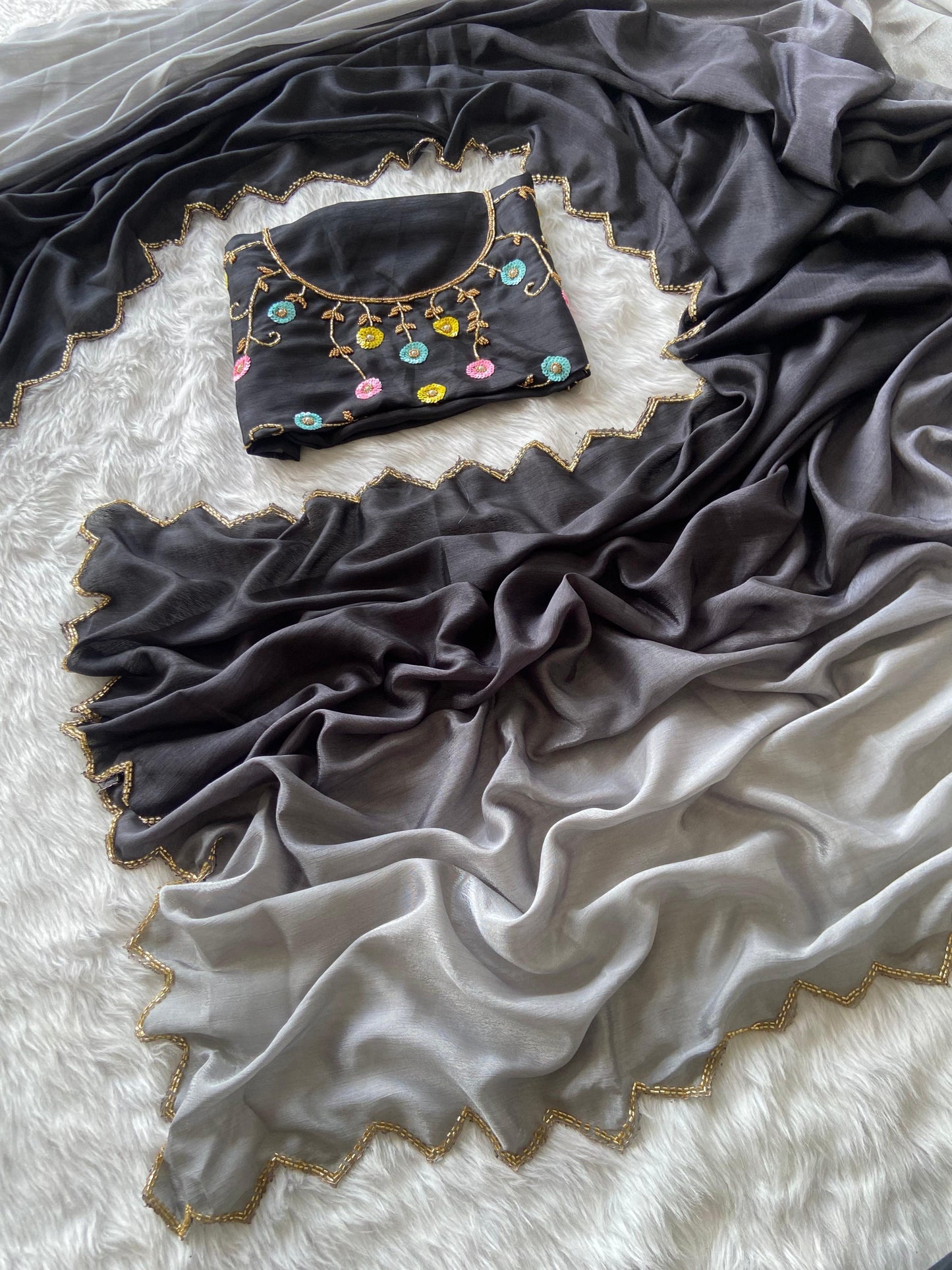 Premium Soft Chinnon Saree With Padding & Rich Handwork