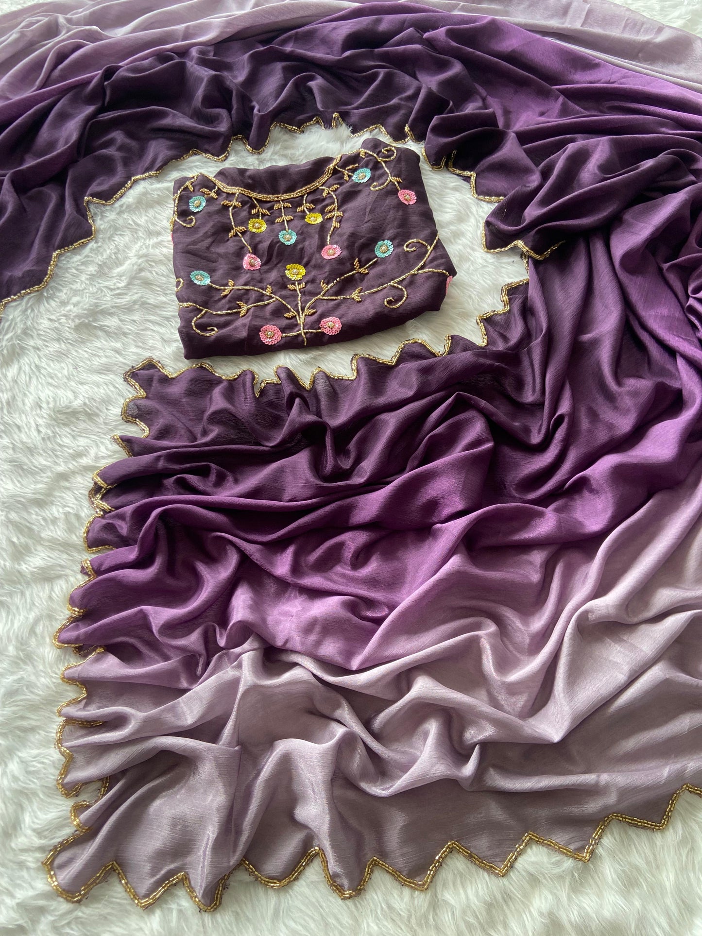 Premium Soft Chinnon Saree With Padding & Rich Handwork