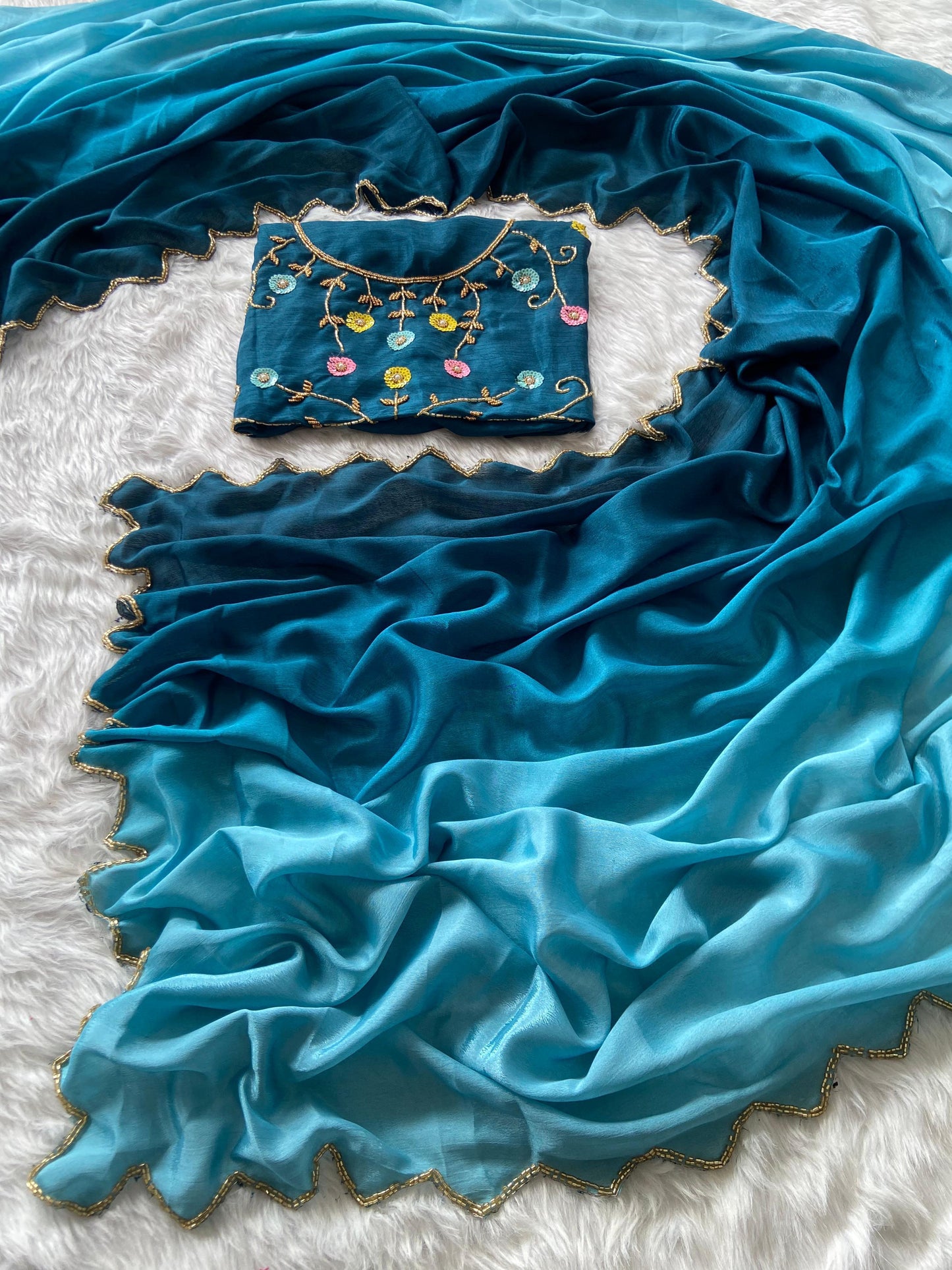 Premium Soft Chinnon Saree With Padding & Rich Handwork