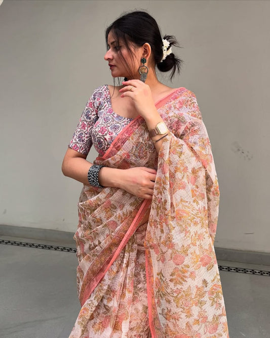 Premium Pure Kota Doria Printed Saree With Blouse