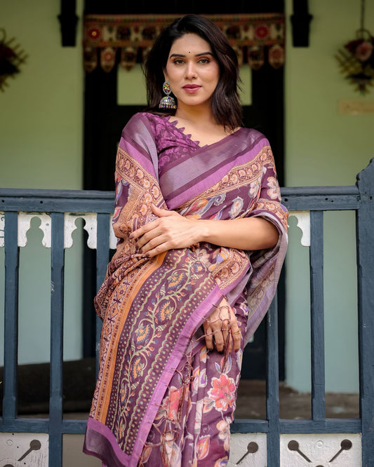 Rich Pure Linen Purple Saree With Bold Floral Motifs & Intricate Borders