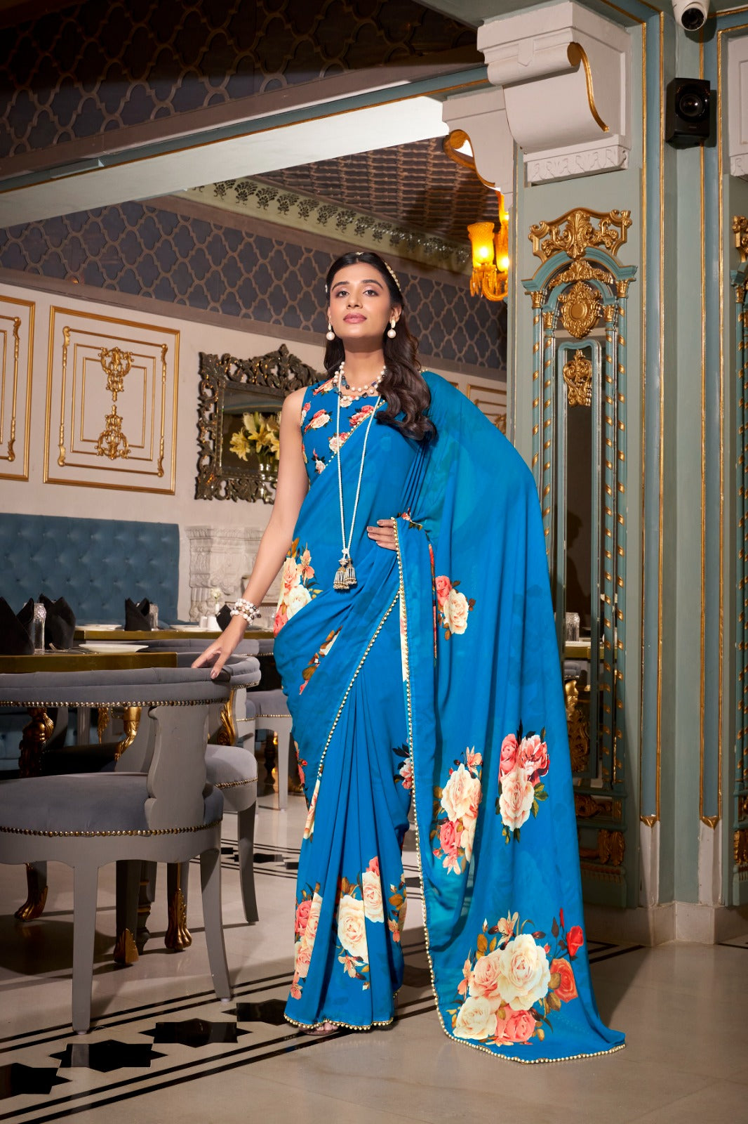 Premium Classy Pure Soft Georgette Saree Printed With Pearl Lace Border