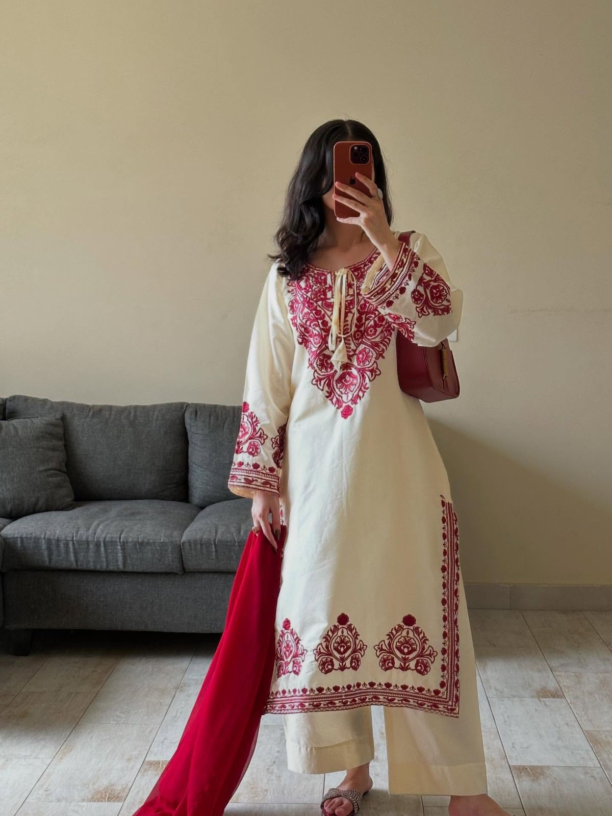 Exclusive Pure Roman Silk Heavy Embroidery Handwork Kurti Pant With Dupatta Set
