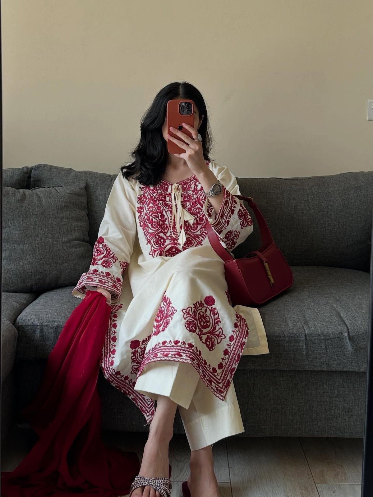 Exclusive Pure Roman Silk Heavy Embroidery Handwork Kurti Pant With Dupatta Set