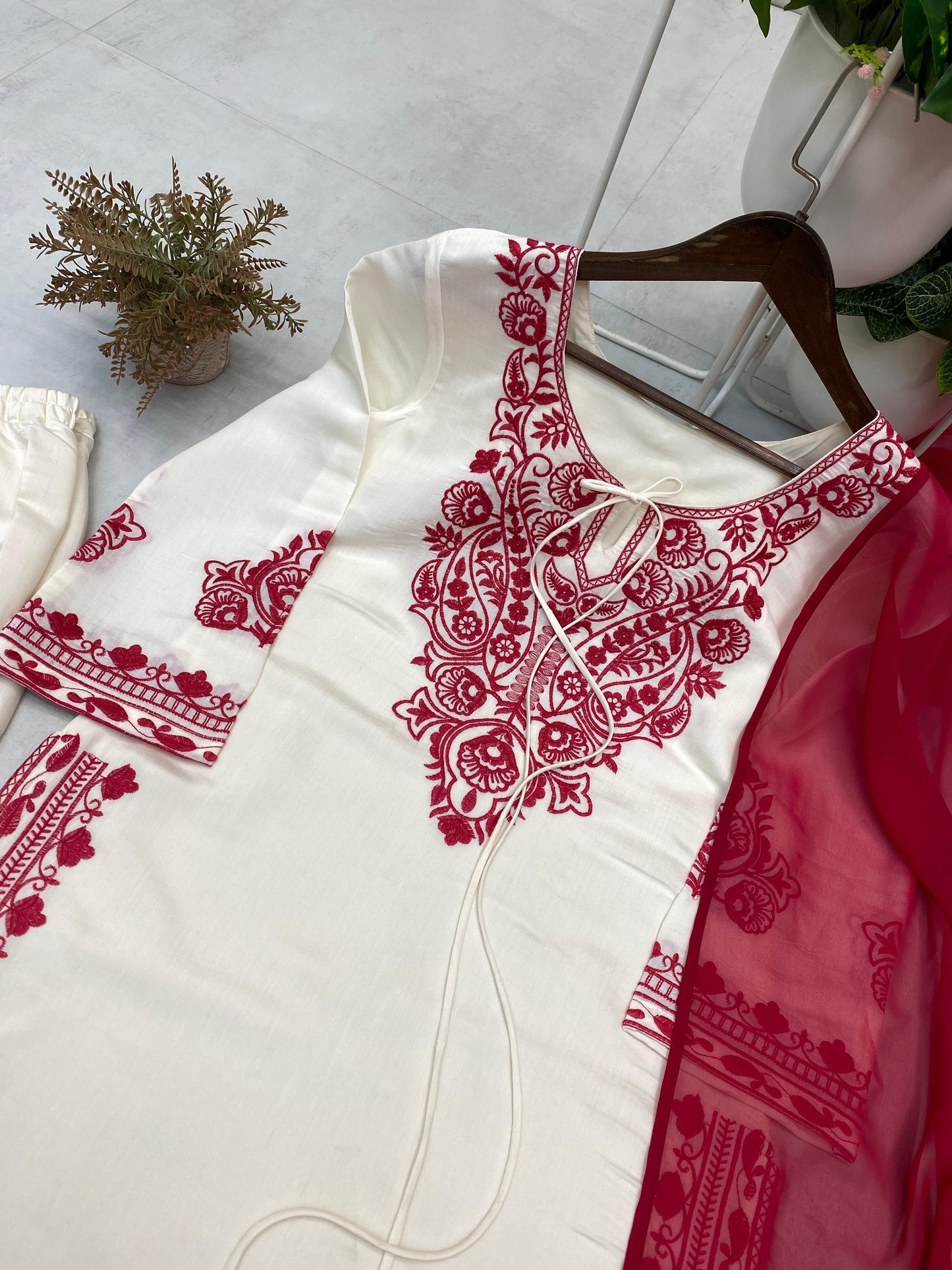 Exclusive Pure Roman Silk Heavy Embroidery Handwork Kurti Pant With Dupatta Set
