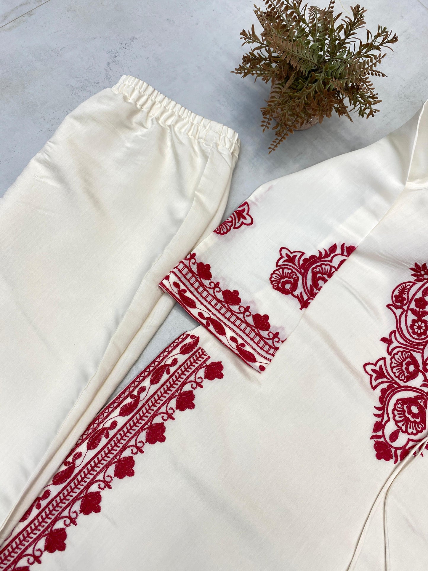 Exclusive Pure Roman Silk Heavy Embroidery Handwork Kurti Pant With Dupatta Set
